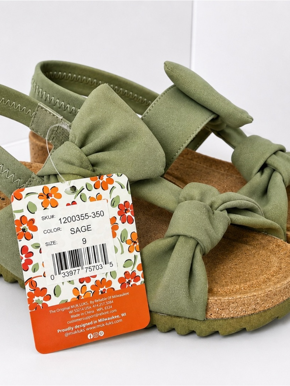 MUK LUKS Pansy Sage Green Bow Sandals Size 9 NWT